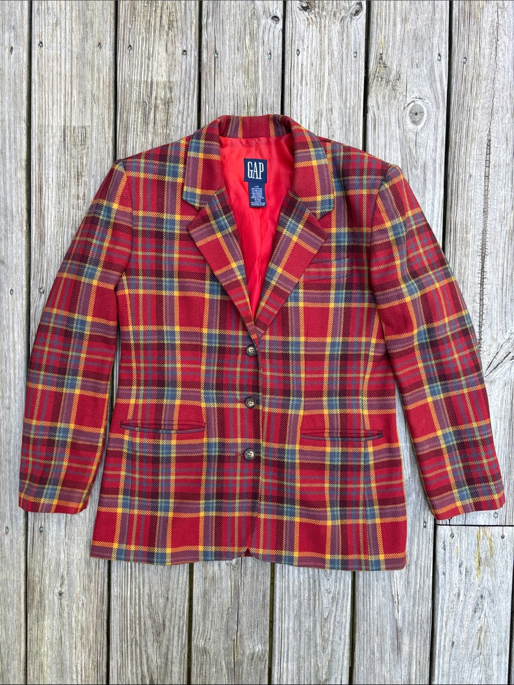 GAP | VTG 90s Retro Collegiate Red Tartan Plaid 100% Wool Blazer Jacket | Size L